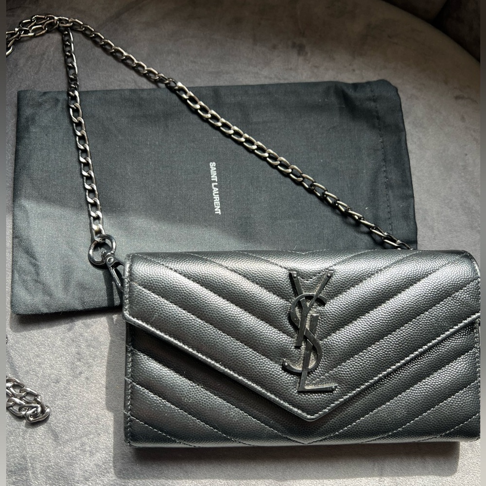 YSL Cassandre all black envelope flap wallet on chain